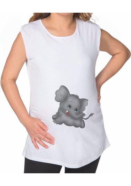 Bebek Fil Tasarımlı Beyaz Sıfır Kol Hamile Tişört-2, Hamile Giyim, Eşe Hediye