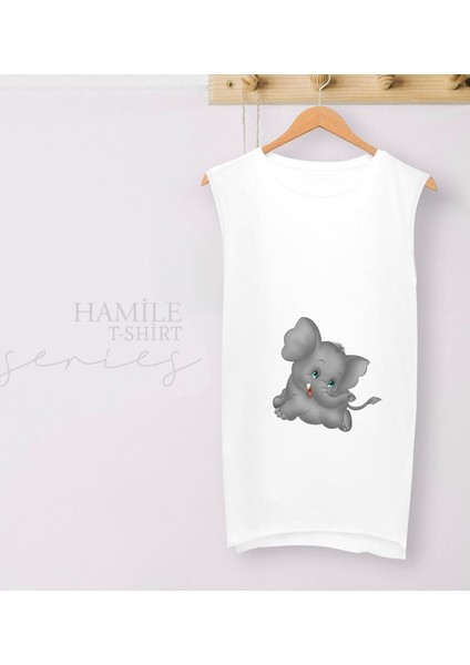 Bebek Fil Tasarımlı Beyaz Sıfır Kol Hamile Tişört-2, Hamile Giyim, Eşe Hediye fiyatları