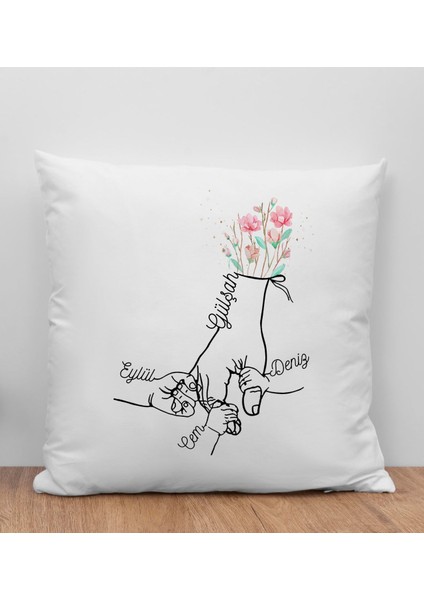 Kişiye Özel Renkli Anne-Çocuklar El Tasarımlı Beyaz Kırlent Yastık-2, Anneye , Ev Dekorasyonu, Yeni Doğum