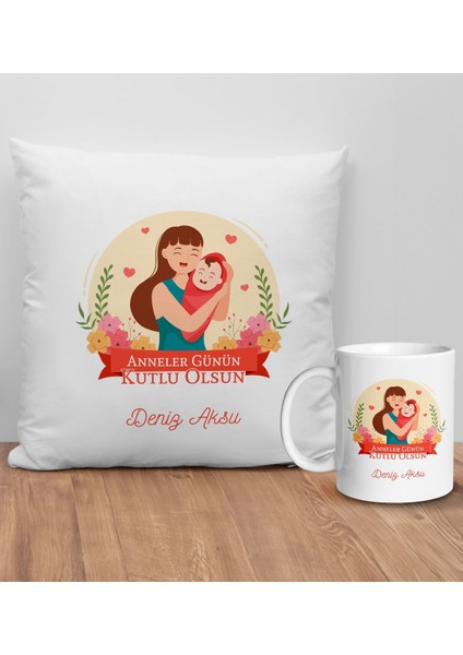 Kişiye Özel Anne Tasarımlı Beyaz Kırlent Yastık ve Kupa Seti-1, Anneye , Anneler Günü leri