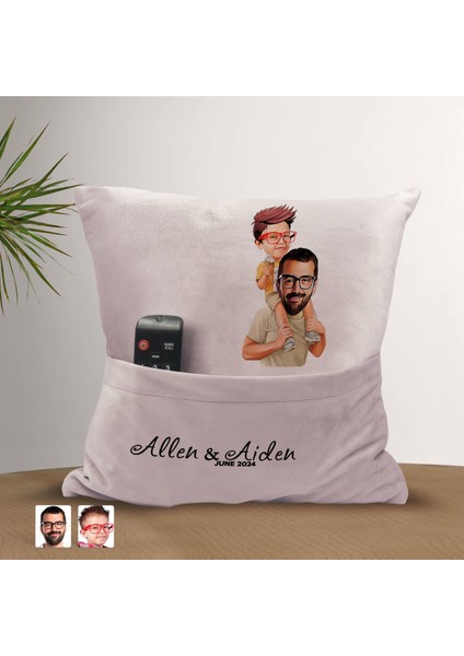 Kişiye Özel Baba Oğul Karikatür Tasarımlı Organizer Kumanda ve Atıştırmalık Cepli Pembe Kırlent Yastık-20 Arkadaşa , Cepli Yastık fiyatları