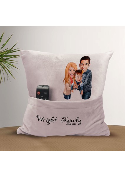Kişiye Özel Aile Karikatür Tasarımlı Organizer Kumanda ve Atıştırmalık Cepli Pembe Kırlent Yastık-11 Arkadaşa , Cepli Yastık fiyatları