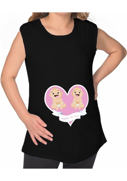 Kişiye Özel Isimli Ikizler Tasarımlı Siyah Sıfır Kol Hamile Tişört-1, Hamile Giyim, Eşe Hediye