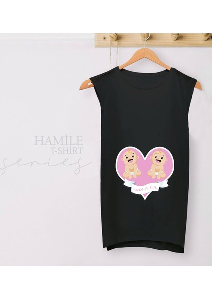 Kişiye Özel Isimli Ikizler Tasarımlı Siyah Sıfır Kol Hamile Tişört-1, Hamile Giyim, Eşe Hediye fiyatları