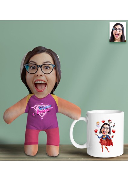 Kişiye Özel Fotoğraflı Pembe Süper Anne Bebek Yastık ve Kupa Bardak Seti-1, Anneye , Anneler Günü leri