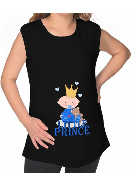 Bk Gift Little Prince Tasarımlı Siyah Sıfır Kol Hamile Tişört-1, Hamile Giyim, Eşe Hediye