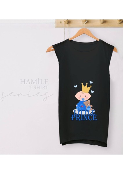 Bk Gift Little Prince Tasarımlı Siyah Sıfır Kol Hamile Tişört-1, Hamile Giyim, Eşe Hediye