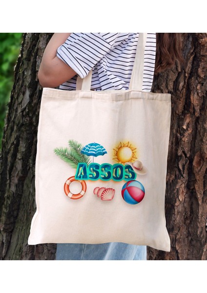 Assos Temalı Kanvas Bez Plaj Çantası Baskılı Omuz Çantası, Alışveriş Çantası, Arkadaşa Hediye