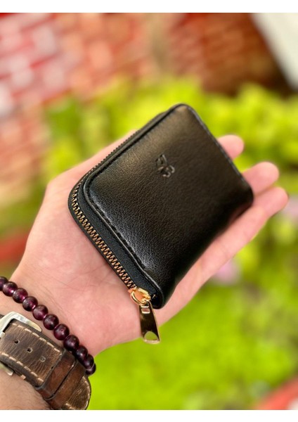 Siyah Renk Soft Suni Deri Fermuar Kapamalı Akordiyon Kartlık