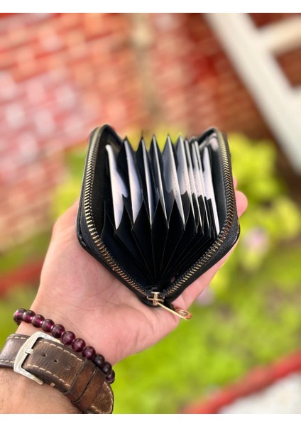 Siyah Renk Soft Suni Deri Fermuar Kapamalı Akordiyon Kartlık fiyatları
