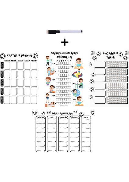Çocuklar Için Planlayıcı Set-Siyah Beyaz(Alışkanlık ve Sorumluluk Takibi, Haftalık,ders Programı)