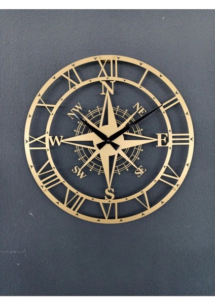 Pusulalı Compas Metal Duvar Saati 1,5 mm Kalınlık 41 x 41 cm Siyah/gold