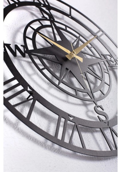 Pusulalı Compas Metal Duvar Saati 1,5 mm Kalınlık 50 x 50 cm Siyah/gold