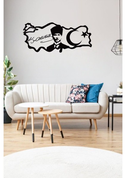Atatürk Portreli Türkiye Haritası Dekoratif Metal Duvar Tablosu Siyah