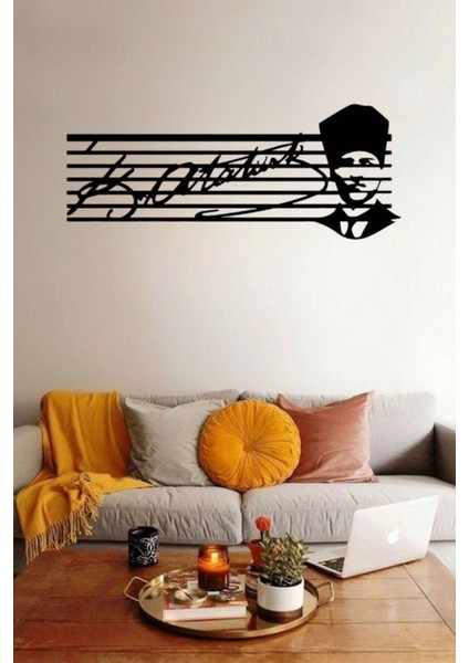 Çizgili Imzalı Atatürk Portresi Dekoratif Metal Duvar Tablosu Siyah