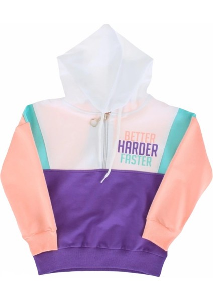 Kız Çocuk Yarım Fermuar Modelli Renk Bloklu Kapüşonlu Sweatshirt