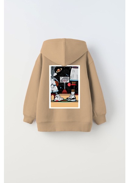 The Champ Clothing Kapüşonlu Içi Polar I Love This Game Yazılı Basketbol Baskılı Bej  Çocuk Sweatshirt