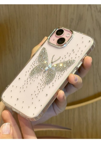 iPhone 14 Plus Uyumlu Ortası Taş Detaylı Kelebek Desenli Şeffaf Kılıf