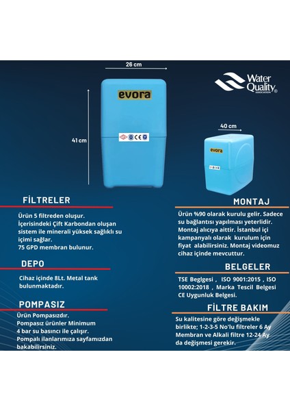 8 Lt. Metal Tanklı Çift Karbonlu Kapalı Kasa Pompasız Su Arıtma Cihazı fiyatları