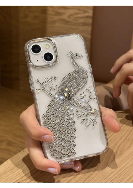 iPhone 15 Uyumlu Taşlı Tavuskuşu Desenli Şeffaf Kılıf