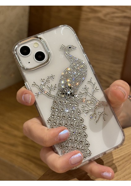 iPhone 15 Uyumlu Taşlı Tavuskuşu Desenli Şeffaf Kılıf