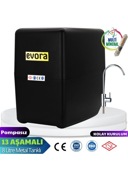 13 Aşamalı 8 LT Çelik Tanklı Pompasız  Multimineralli Su Arıtma Cihazı Premium Seri