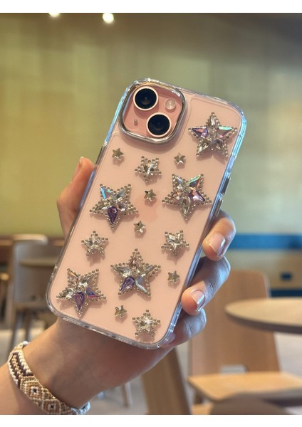 iPhone 15 Plus Uyumlu Renkli Kristal Taşlı Yıldızlı Şeffaf Kılıf