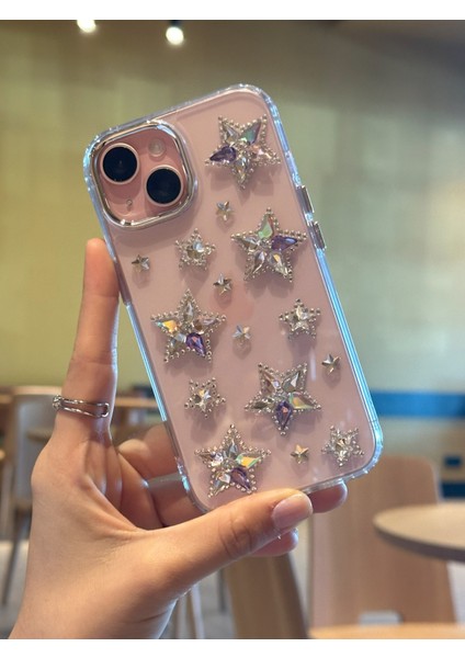 iPhone 15 Plus Uyumlu Renkli Kristal Taşlı Yıldızlı Şeffaf Kılıf
