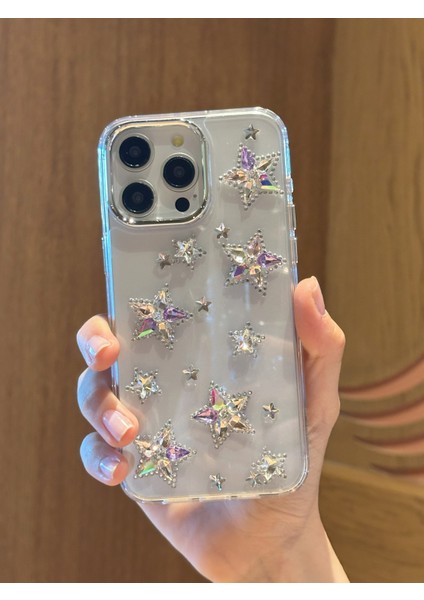 iPhone 15 Pro Uyumlu Renkli Kristal Taşlı Yıldızlı Şeffaf Kılıf