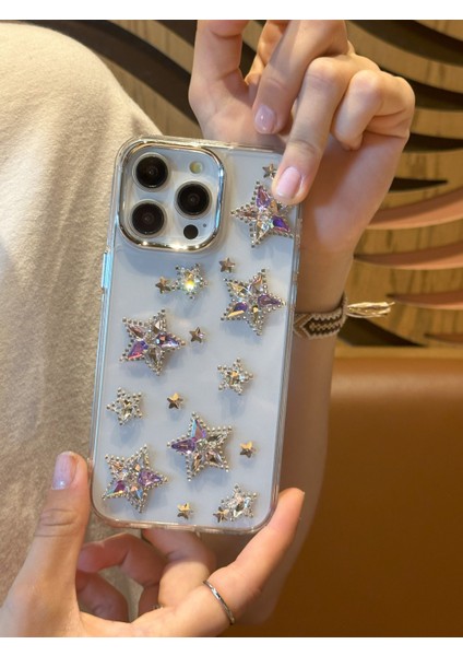 iPhone 15 Pro Uyumlu Renkli Kristal Taşlı Yıldızlı Şeffaf Kılıf