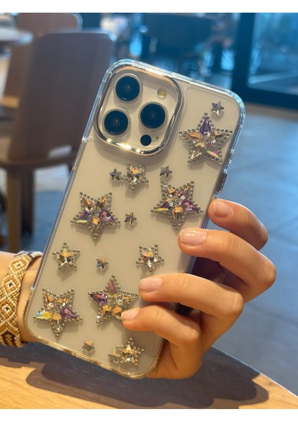 iPhone 15 Pro Uyumlu Renkli Kristal Taşlı Yıldızlı Şeffaf Kılıf