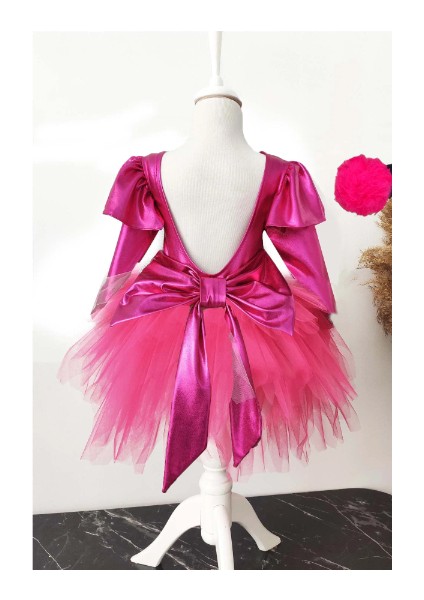 Fuşya Fiyonklu Kız Çocuk Tütü Elbise, Uzun Kollu Fuşya Doğum Günü Elbisesi, Bandana