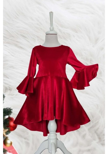 Asimetrik Kırmızı Kadife Kız Çocuk Elbisesi