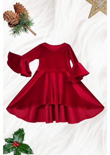 Asimetrik Kırmızı Kadife Kız Çocuk Elbisesi fiyatları