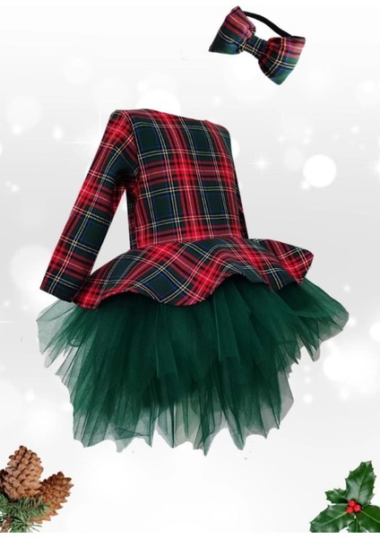 Kız Çocuk Kırmızı Ekose Elbise Yeşil Tütü Kabarık Elbise