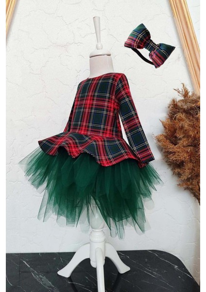 Kız Çocuk Kırmızı Ekose Elbise Yeşil Tütü Kabarık Elbise fiyatları