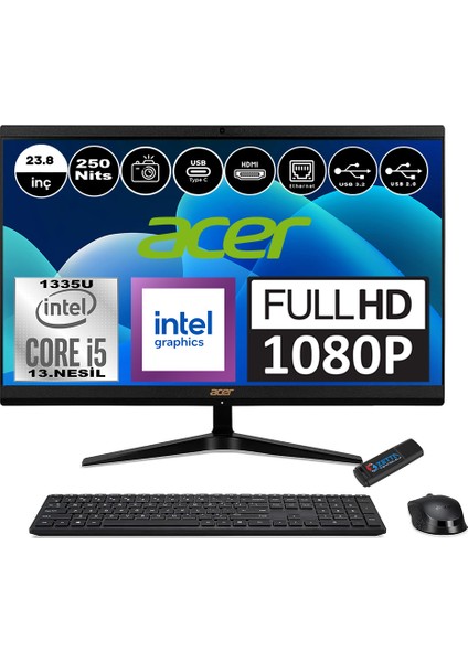 Aspire C24-1800 Intel Core I5 1335U 32GB 1tb SSD Windows 11 Home 23.8" Fullhd LED 250NITS All In One Bilgisayar DQBKMEM006H13 + Zetta Flash Bellek