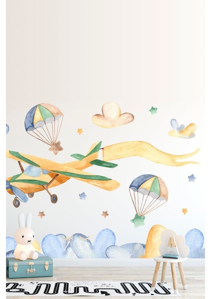 Renkli Yaşam Uçak Balonlar Yıldızlar ve Bulutlar Pastel Renk Duvar Sticker Seti