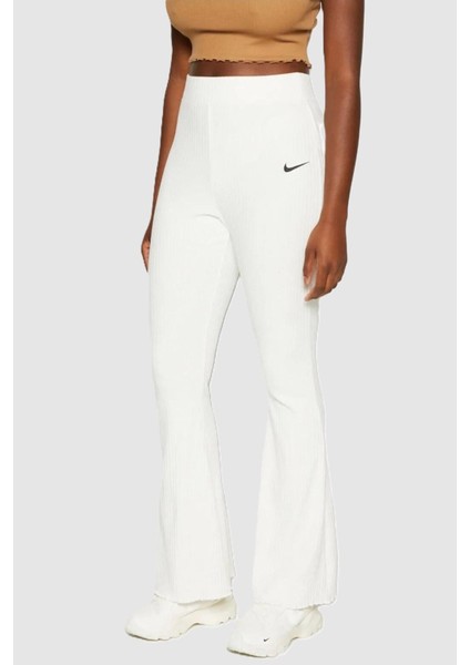 Sportswear Rib Jersey White Yüksek Belli Fitilli Kadın Eşofman Altı Kırık Beyaz