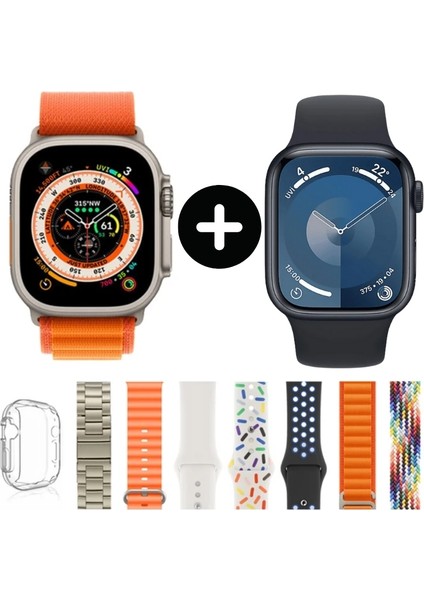 I50 Suit Max Watch 8 Ultra 2 ve Watch 9 Iki Adet Saat 7 Kordon ve 2 Koruyuculu Akıllı Saat