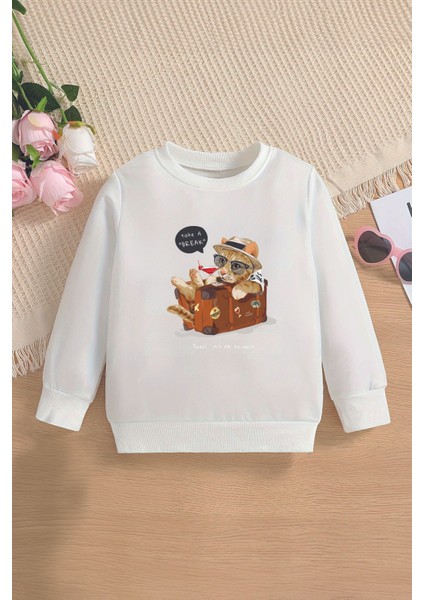 Yeni Sezon Tatilci Kedicik Baskılı Oversize Kapüşonlu Çocuk Sweatshirt 14645