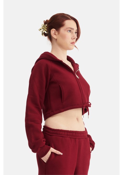 Kadın Fermuarlı Kapüşonlu Crop Sweatshirt modelleri