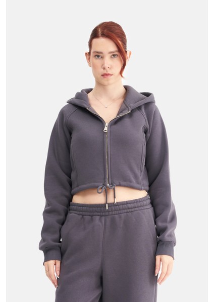 Kadın Fermuarlı Kapüşonlu Crop Sweatshirt fiyatları