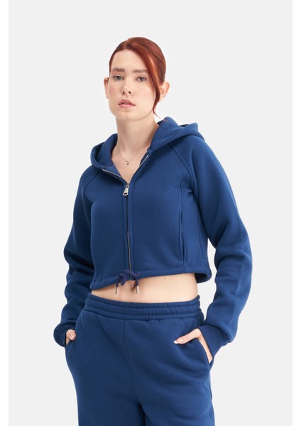 Kadın Fermuarlı Kapüşonlu Crop Sweatshirt