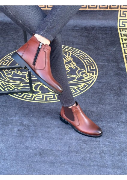 Üçlü %100 Hakiki Deri Erkek Günlük Kışlık Rahat Içi Kürklü Klasik Fermuarlı Bot 39-44