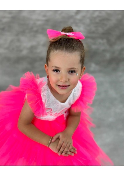 Barbie Kız Çocuk Pembe Doğum Günü Elbisesi ve Parti Kostümü (Toka Dahil ) 0111-P