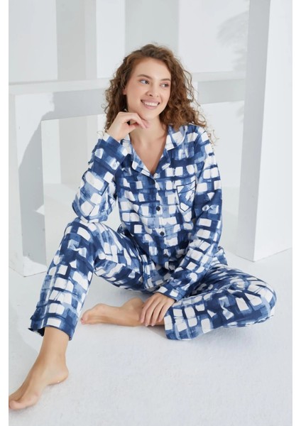 Pamuk Uzun Kol Önden Düğmeli Kadın Pijama Takım 98227