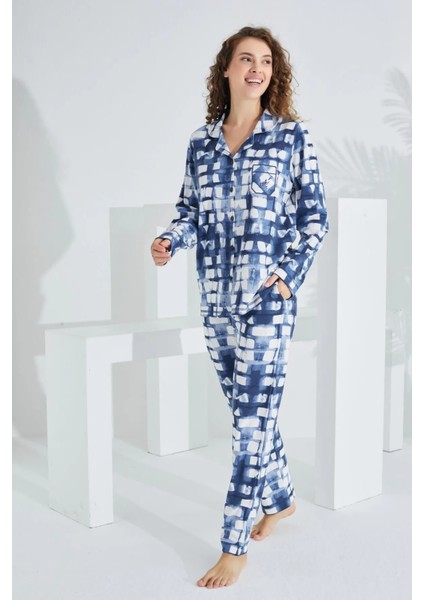 Pamuk Uzun Kol Önden Düğmeli Kadın Pijama Takım 98227