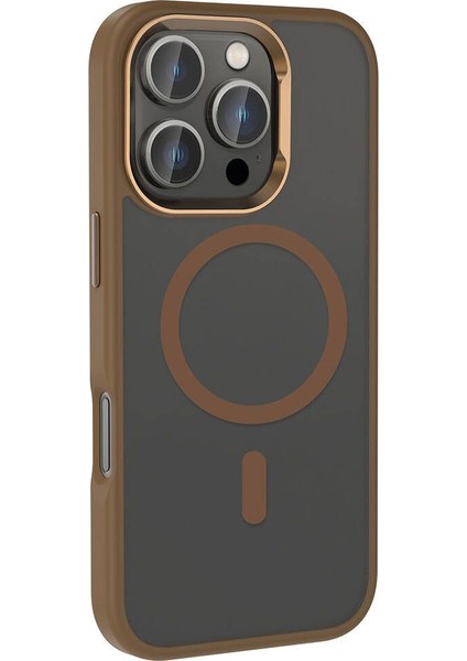 Apple iPhone 16 Pro Kılıf Parlak Kamera Çerçeveli Magsafeli Kost Kapak Kahverengi