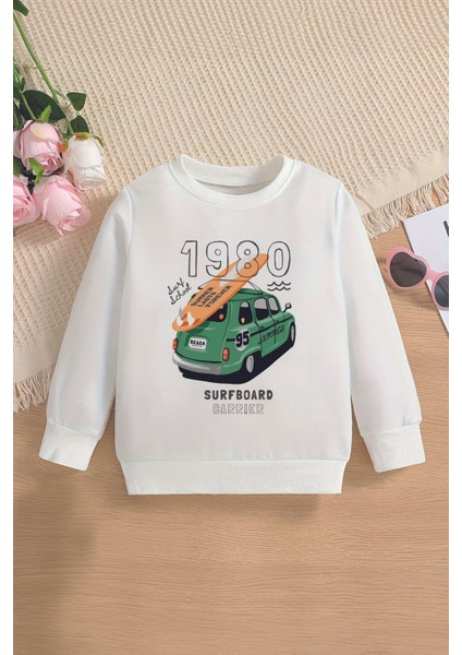 Trend Premium Surfboard Nostaljik Araba Baskılı Oversize Kapüşonlu Çocuk Sweatshirt 13684